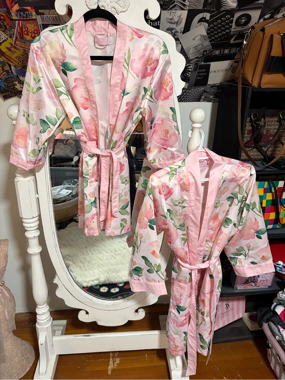 Floral Pink Satin Robe with Tie Waist - Women's Kimono Style